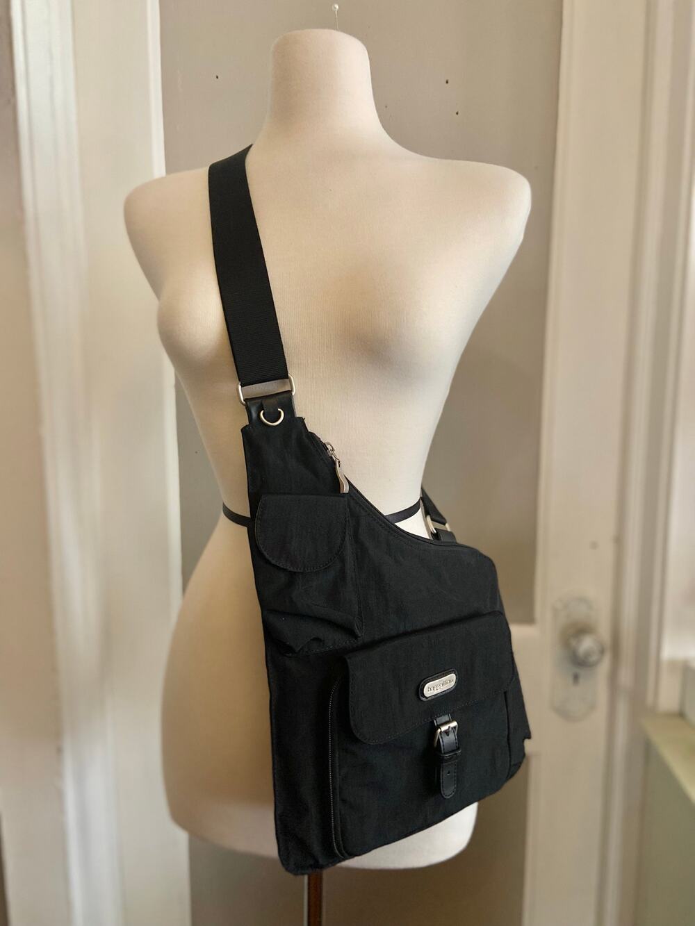 BAGGALLINI Black Slim Nylon Crossbody Bag